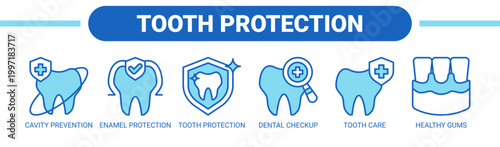 Tooth Protection web banner icon vector illustration concept with icons of cavity prevention, enamel protection, tooth protection, dental checkup, tooth care, and healthy gums. 