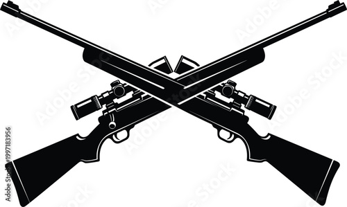 Crossed sniper rifles silhouette vector icon set with hunting guns and telescopic scopes in tactical stencil style