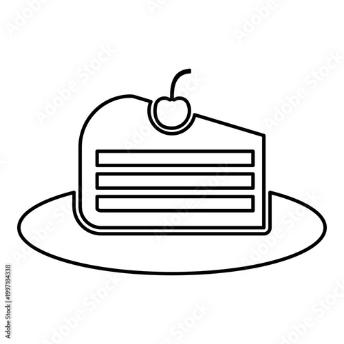 Piece of cake slice with cherry contour outline line icon black color vector illustration image thin flat style