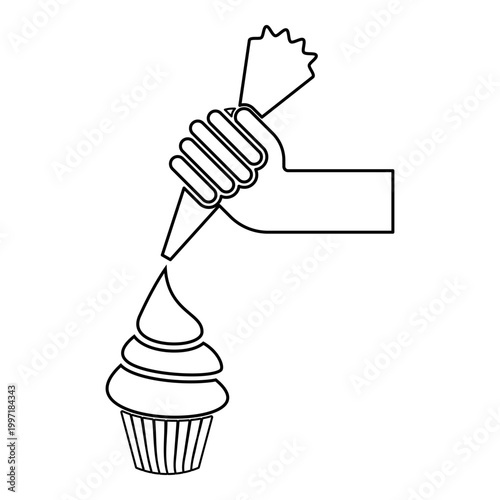 Piping cream onto pastry from pastry bag in hand contour outline line icon black color vector illustration image thin flat style