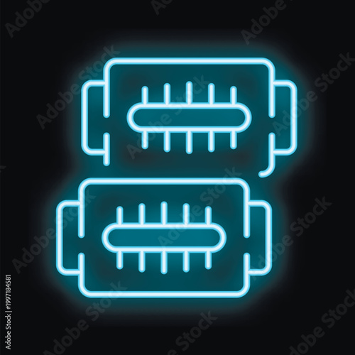 Blue neon icon of two computer ram memory modules glowing on dark background