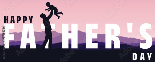 happy father's day silhouette of dad lifting child – purple mountain sunset landscape vector illustration, family love concept