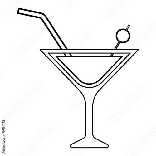 Martini cocktail with straw and olive garnished in glass alcoholic concept leisure contour outline line icon black color vector illustration image thin flat style