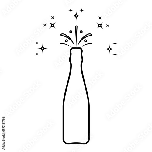 Bottle of champagne popping open splash with stars and bubbles holiday concept contour outline line icon black color vector illustration image thin flat style