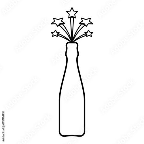 Bottle of champagne splash with stars contour outline line icon black color vector illustration image thin flat style
