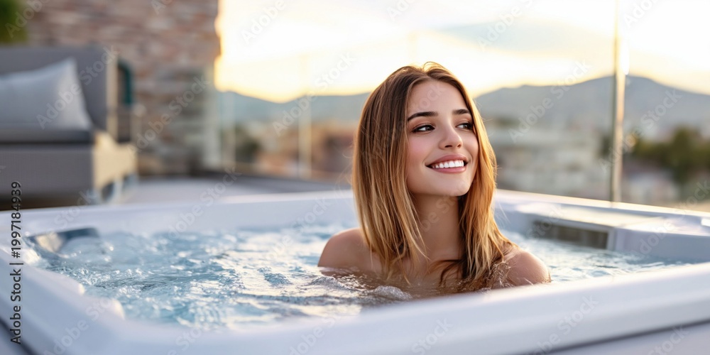 Fototapeta premium Young woman smiling while relaxing in a bubbling hot tub outdoors at sunset