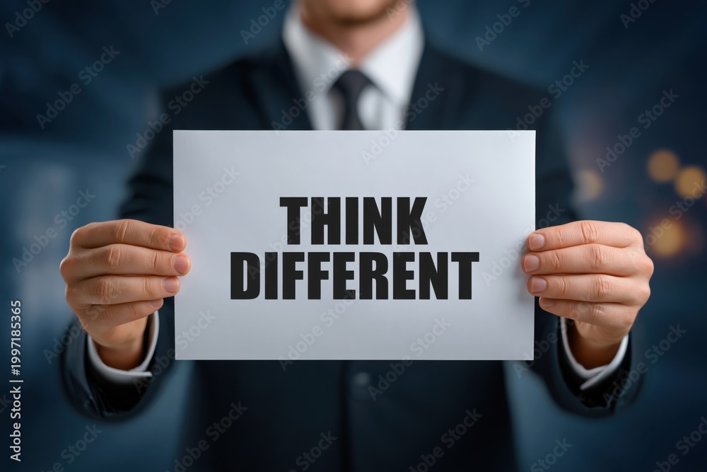 Obraz premium Innovator Holding a Sign with the Famous Motto Think Different