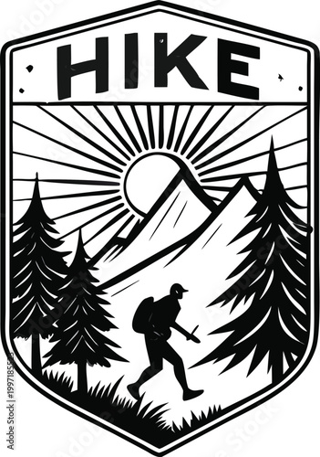 hiking emblem with mountain scene and hiker silhouette