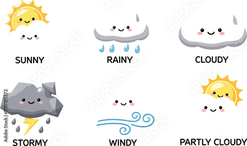 Kawaii weather icons set with cute smiling sun clouds and storm symbols in flat vector style for kids