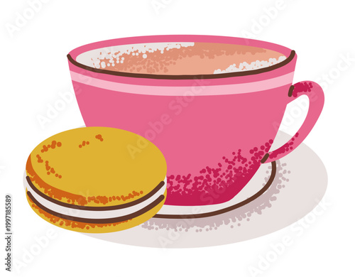 Latte coffee in pink cup with macaron cake on transparent background
