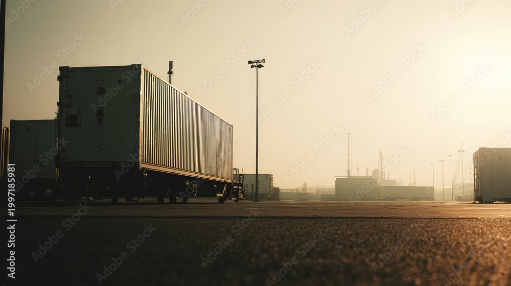 Obraz premium Shipping containers on trailers at industrial port terminal during sunset