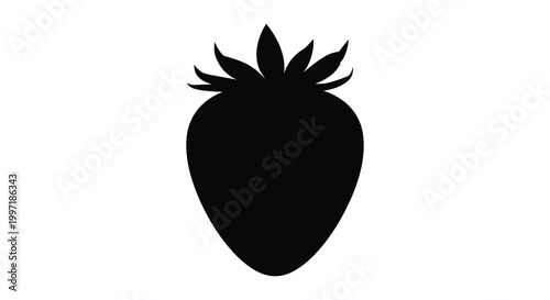 A striking black silhouette of a ripe strawberry with detailed leaf structure silhouette