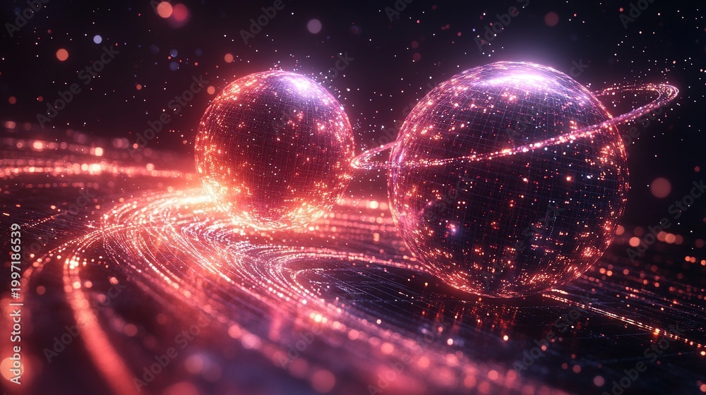 Obraz premium Abstract Quantum Entanglement Visualization: Two luminous subatomic particles are connected by a twisted beam of light, surrounded by a rotating holographic data ring—a digital technology concept.