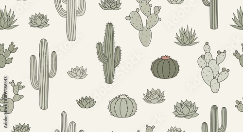 Seamless Pattern of Hand-Drawn Cacti and Succulents on a Cream Background