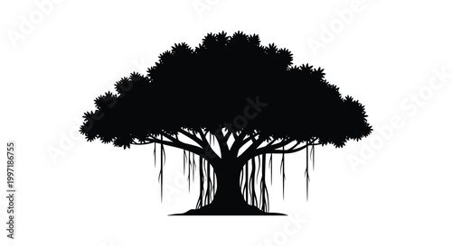 A majestic banyan tree with extensive roots and hanging vines a striking silhouette