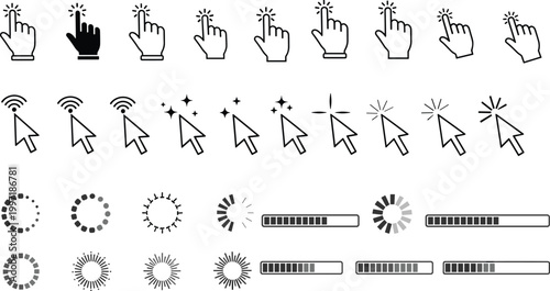 Computer Cursor and Loading Icon Set with Hand Pointer, Arrow, Progress Bar, and Spinner Animations for UI and Web Designs