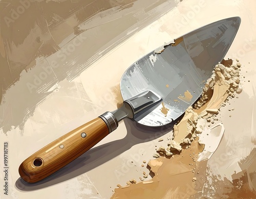 Digital painting of a trowel resting on a surface with scattered material. The trowel has a wooden handle and silver blade