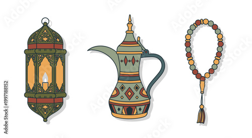 Traditional Islamic lantern dallah and prayer beads on white background