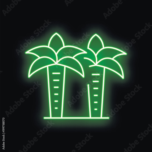 Green neon sign depicting two palm trees, evoking a tropical and summery atmosphere