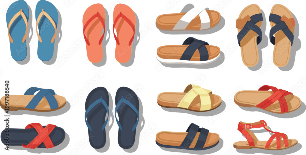 Fototapeta premium Summer flip flops and sandals vector icon set with colorful beach footwear in solid flat design style