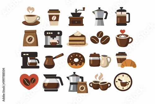 Coffee Time and Coffee Lover Icons Set Featuring Espresso Machine, Moka Pot, French Press, Beans, Grinder, Cups, and Pastries. Simple Flat Vector Illustration for Cafe Menu and Branding.