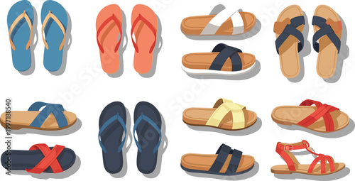 Summer flip flops and sandals vector icon set with colorful beach footwear in solid flat design style