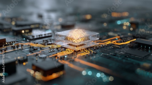 Close-up of a semiconductor chip on a circuit board representing data processing architecture and chip manufacturing with illuminated interconnect and component array.