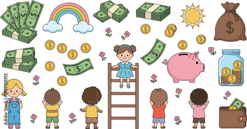 Cute Kids Financial Literacy Set with Children, Money, Piggy Bank, Coins, Wallet, and Rainbow for Education and Saving Designs