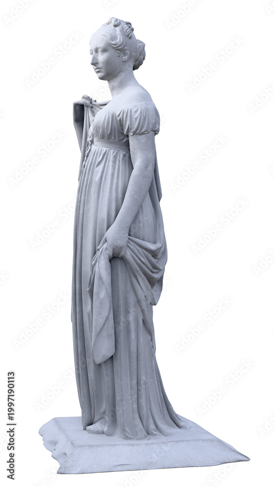 Fototapeta premium A full-length model of an ancient statue of a beautiful girl in a dress. The model is made of plaster or white marble and is set against a transparent background.