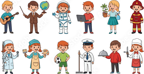 Cute Cartoon Kids in Various Profession Costumes Including Doctor, Chef, Astronaut, Firefighter, and Teacher for Education Designs