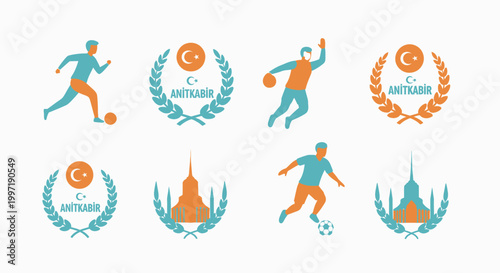 Turkish national sports icons and Anitkabir monument flat set