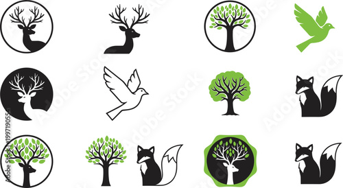Wildlife and nature logo emblems set with deer bird and tree circular badges for eco branding and outdoor identity