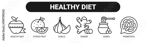 Healthy Diet web banner icon vector illustration concept with icons of healthy diet, citrus fruit, garlic, ginger, honey, and probiotics.