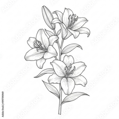 Lily flowers, black and white illustration, floral drawing, line art