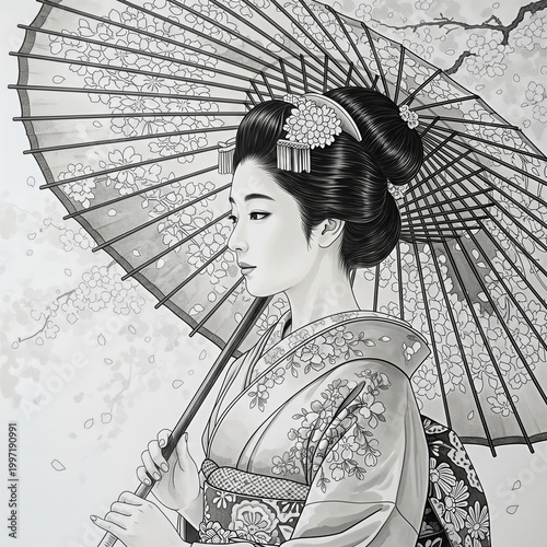 Traditional Japanese woman, kimono dress, holding parasol, black and white portrait, Asian culture
