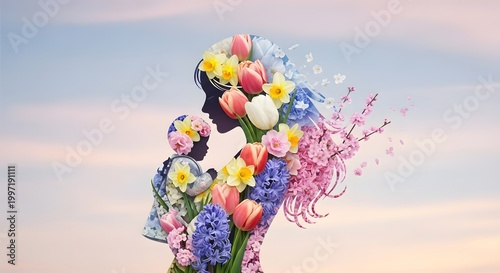 Floral silhouette of mother and baby, spring flower double exposure, maternal love concept