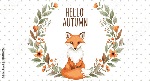 Hello Autumn Cute Fox Inside Floral Wreath with Orange Flowers and Leaves on Polka Dot Background for Fall Season Designs