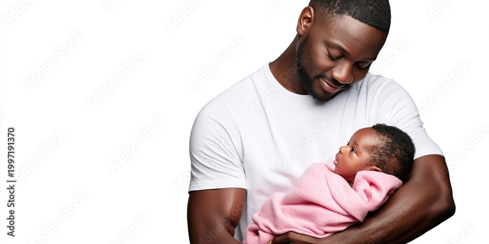 Obraz premium Loving father gently cradles his newborn baby wrapped in a pink blanket
