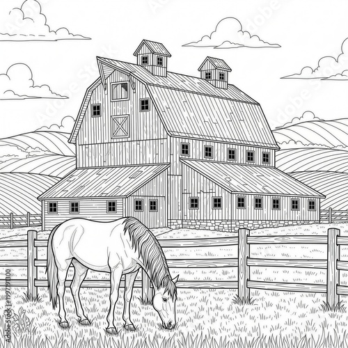 Rustic farm scene, horse grazing, barn landscape, countryside illustration