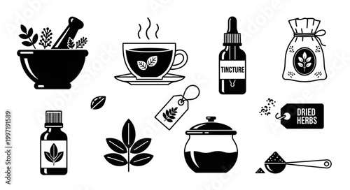 Herbal remedies and natural medicine collection icons.