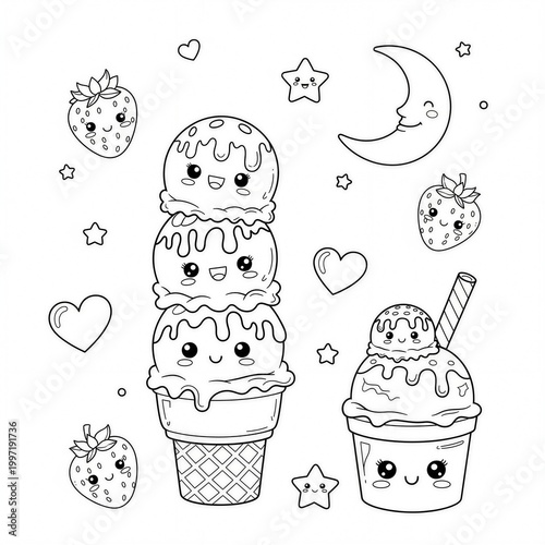 Cute ice cream, strawberry, cartoon, coloring book, sweet treats, dessert, illustration
