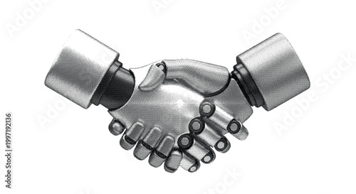 Halftone dot illustration of a robot and human handshake representing cooperation between artificial intelligence and people for future business partnership concepts.