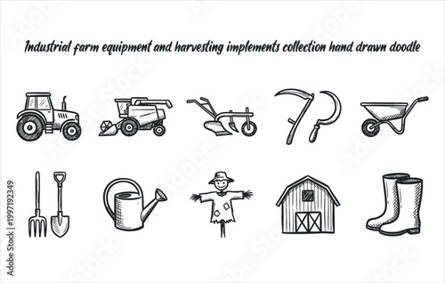  Industrial farm equipment and harvesting implements collection hand drawn doodle