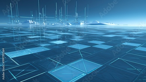 Grid pattern and translucent structures define a conceptual future city, connecting abstract data networks across a serene, digitally rendered expanse with distant frosted elevations