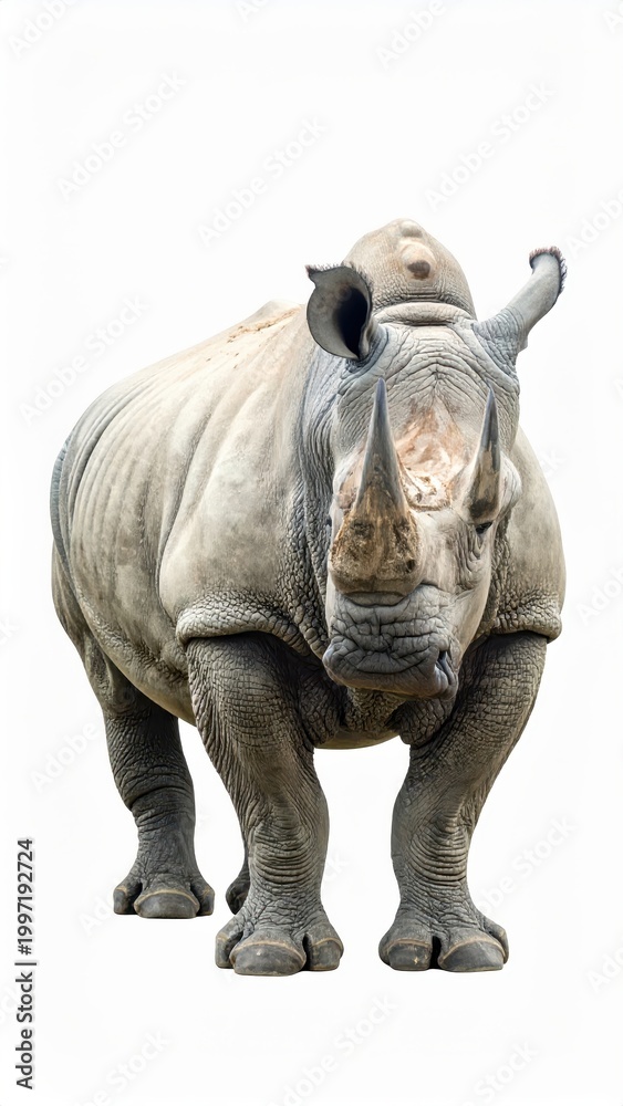 Fototapeta premium Close-up of a rhinoceros against a white background, highlighting its impressive horns and textured skin.