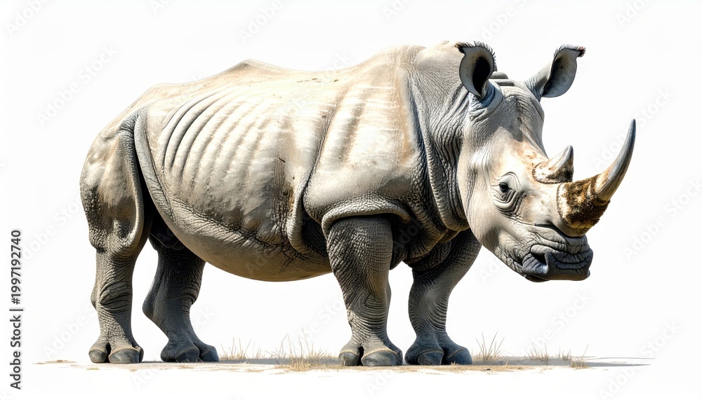 Fototapeta premium A striking image of a rhinoceros on a white background, highlighting its impressive horn and rugged texture.