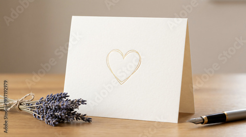 White greeting card with gold heart on wooden desk with pen