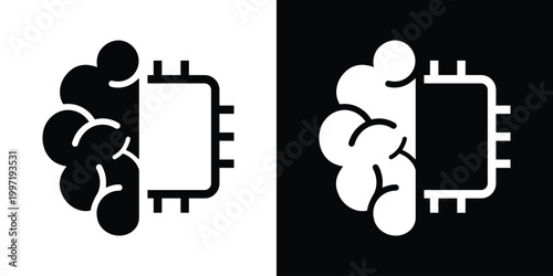 A minimalist icon design featuring a split brain and microprocessor circuit chip, symbolizing advanced artificial intelligence, neural networks, and modern computing. High contrast vector.