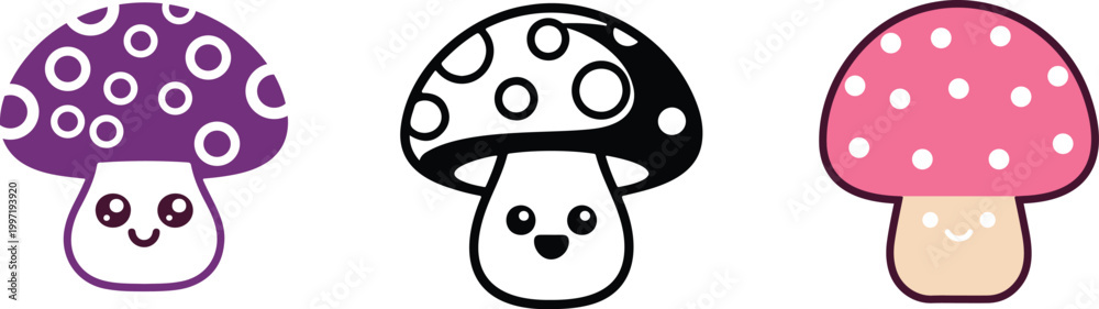 Fototapeta premium Cute Mushroom Cartoon Set – Kawaii Fungus Characters Vector Illustration. Cartoon Smiling Fungus Icons in Color and Outline.