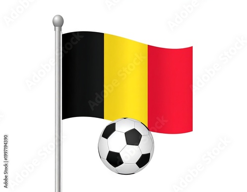 Illustration of a national flag on a silver pole beside a black and white sphere. Background is white